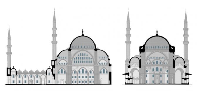 Through the lens of architectural history: the placement of windows according to the longitudinal (L) and transverse (R) sections of the Süleymaniye Mosque.