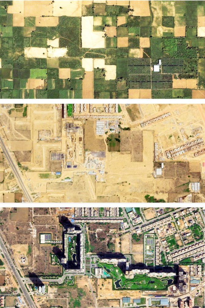 Satellite imagery from 2004, 2012, and 2020; Transition from farmlands to ‘fortified enclave’ of M3M Golf Estate luxury apartments in Gurgaon, India.
