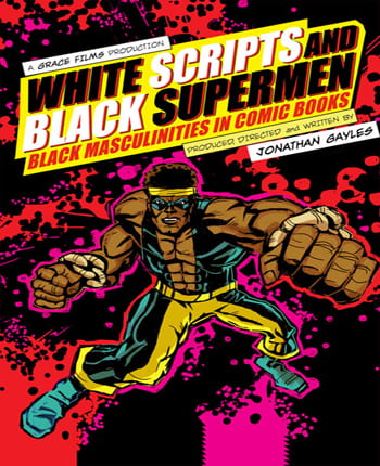 Illustrated comic-style movie poster featuring the title, a black superhero against a black, pink, and magenta background.