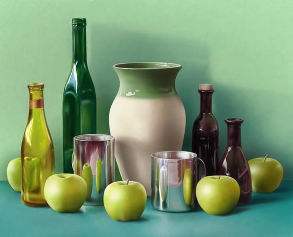digital still life painting of bottles cans vase and apples