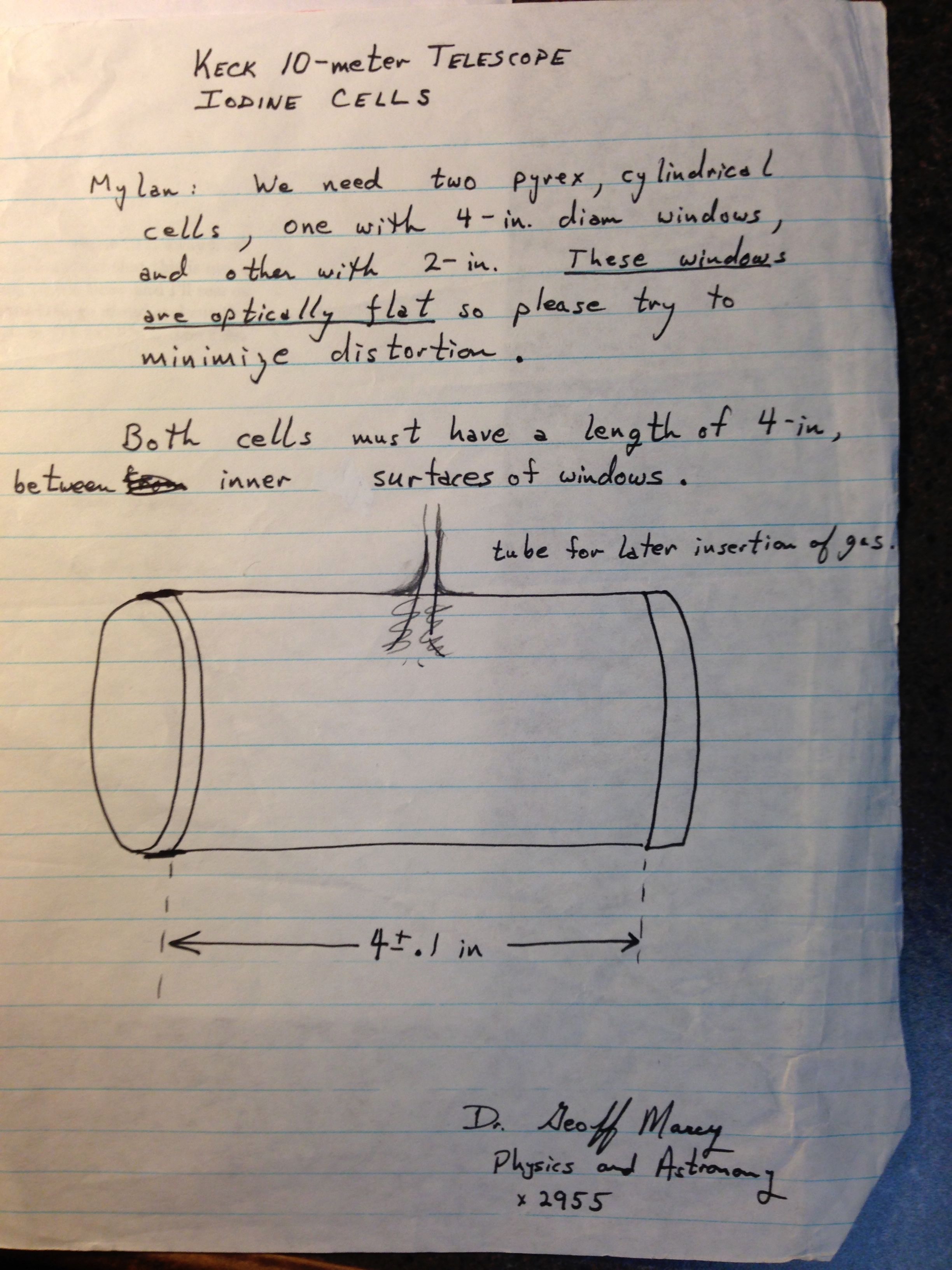 Notes on the construction of the iodine cell for Keck for SFSU glass blower Mylan Healy.
