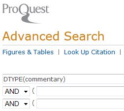 Image of Advanced Search screen in ProQuest showing DTYPE(commentary)