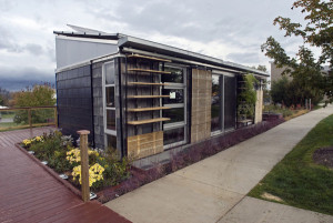 The MorningStar house, located beside the Centre County Visitors Center, has east and west facing solar panels on the ends of the building as well as panels on top of the structure. The south-facing windows have sliding exterior shelving to regulate solar gain.  The solar house was part of a tour of Penn State's alternative energy research projects for international journalists. The full story is at http://live.psu.edu/story