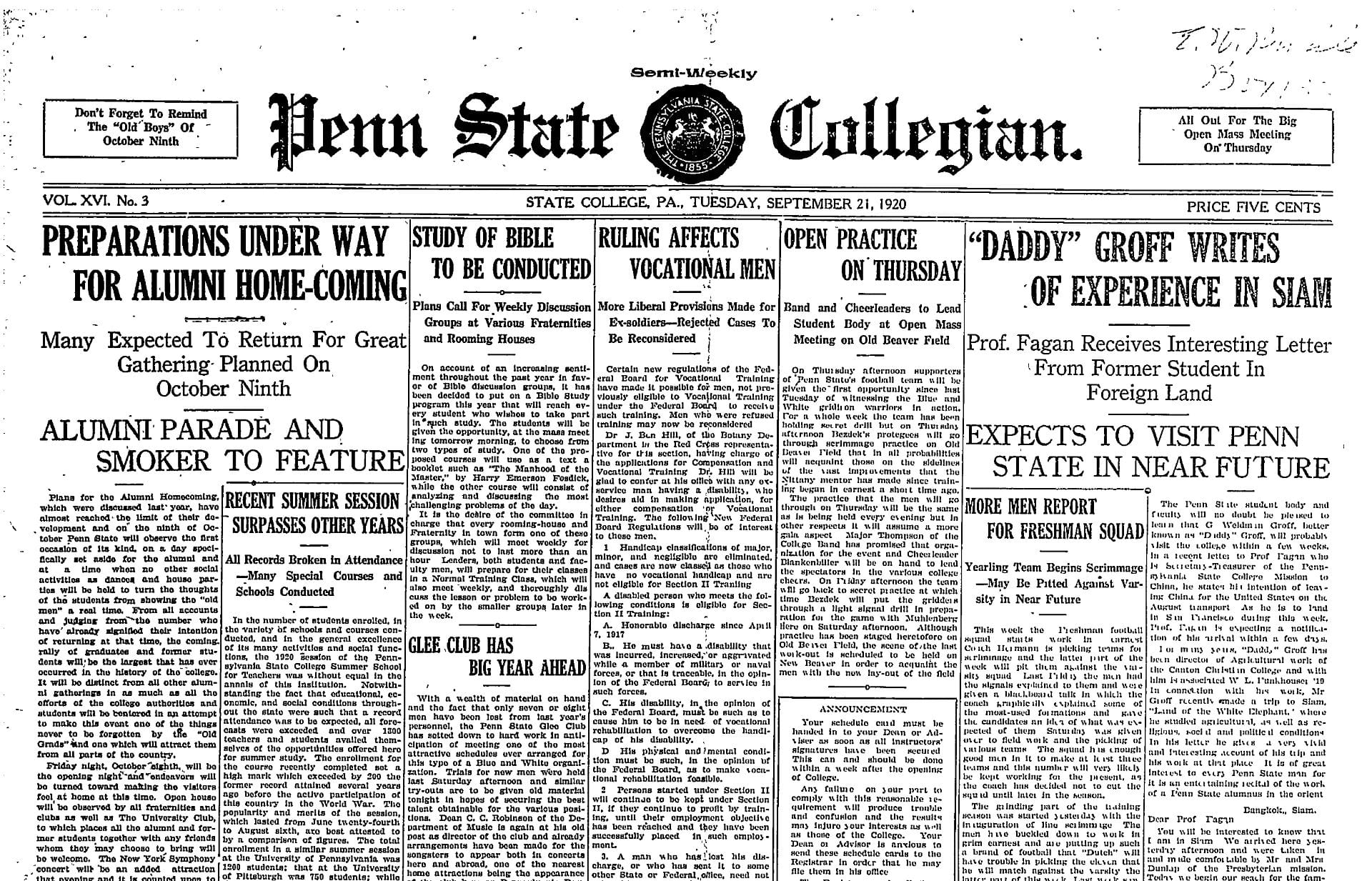 Front page Penn State Collegian, September 21, 1920