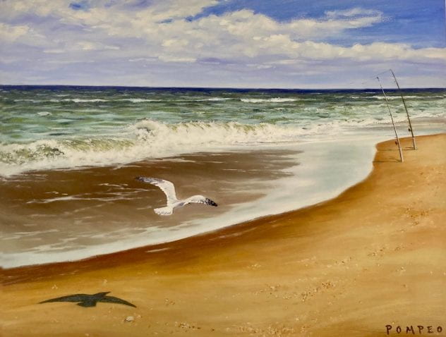 Artist John Pompeo painting of a beach with seagulls flying low to the ground in the foreground and 2 fishing poles stuck into the sand and cast into the water 