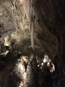 Stalactites stick tight to the ceiling and grow toward stalagmites on the cave floor.