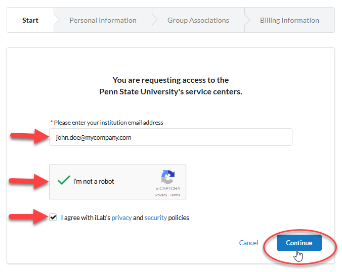 Screenshot highlighting the email field, robot checkbox field, and the agreement with iLab's privacy policy field. The Continue button is in the lower right corner.