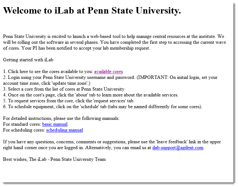 Image of email with information about getting started with iLab. Text in accordion below.