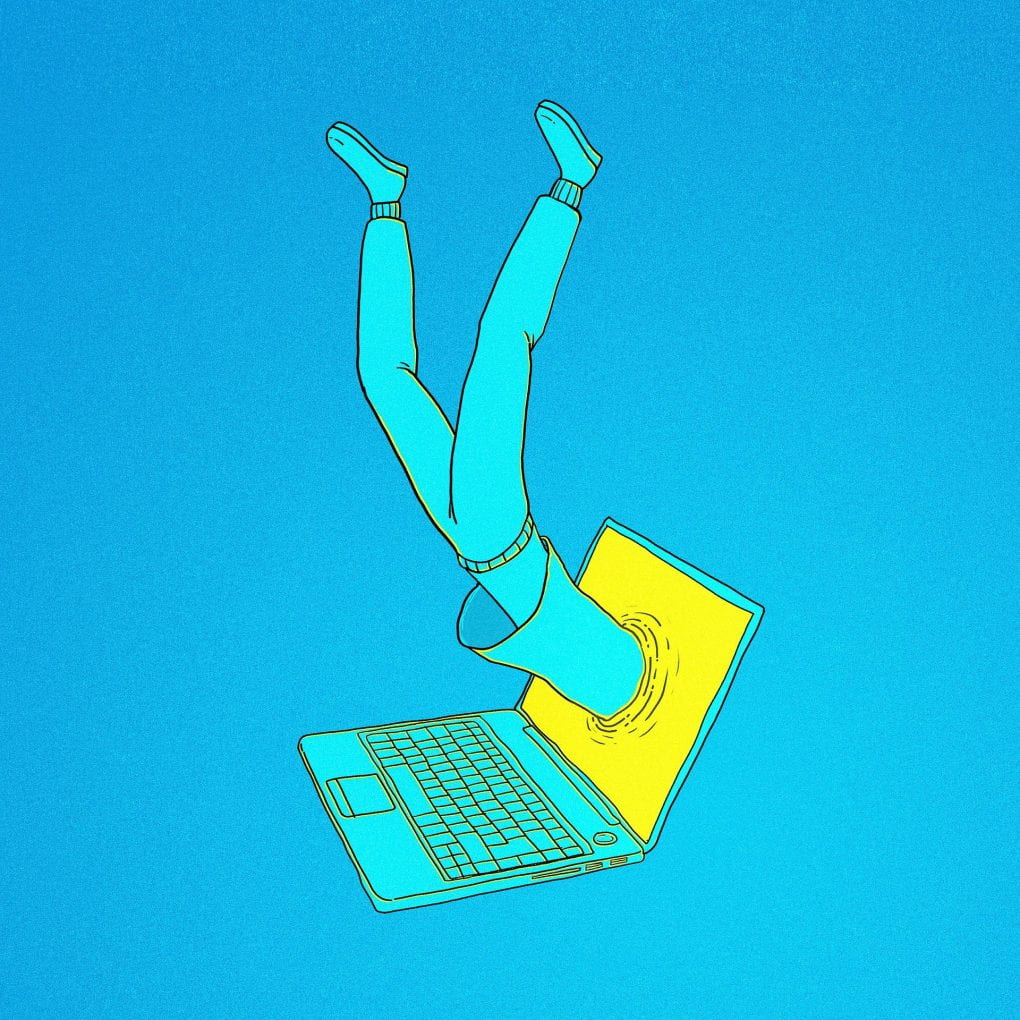 Illustration of a person falling head-first into a computer screen.