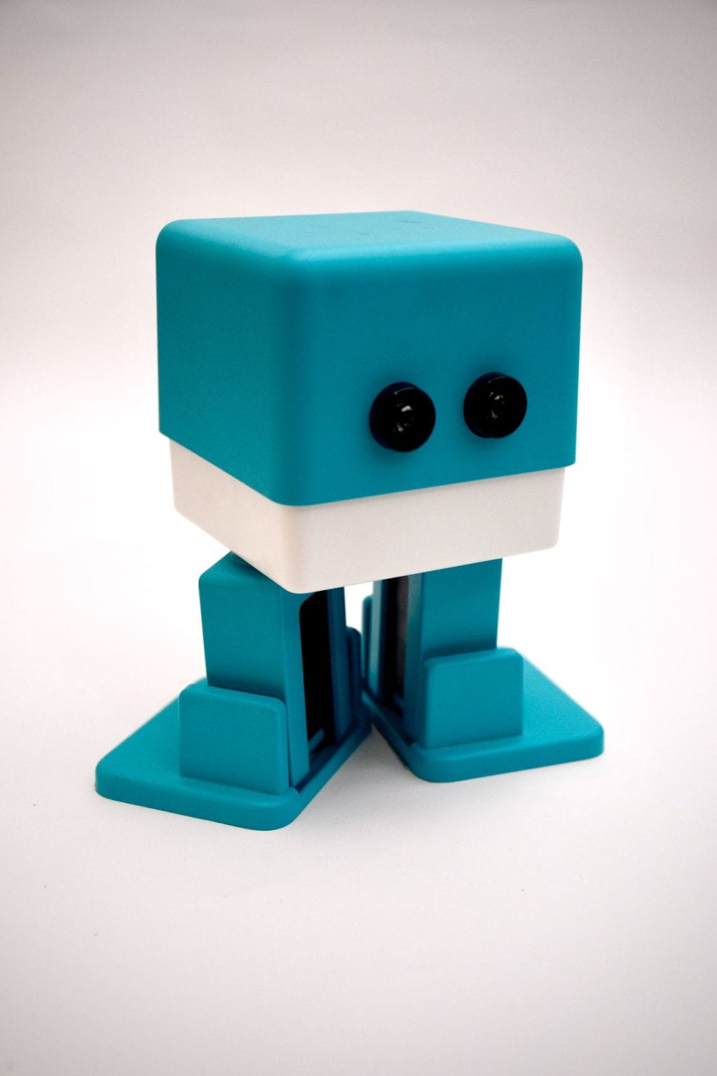 blue and white bot figurine