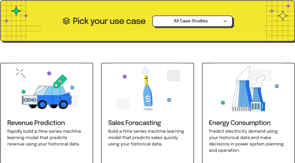 Screen shot of the Obviously.AI page for use cases.