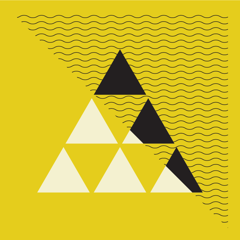 DMD 400 Fall 2019 exhibition image illustration featuring wavy lines and six black and white triangles on a yellow background.