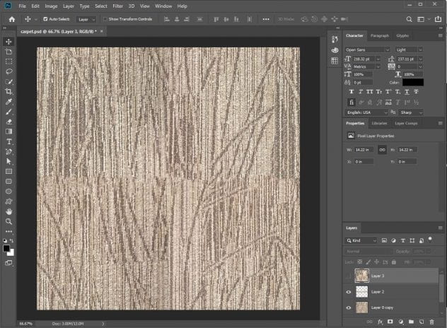 a screenshot of Photoshop in use, open to an image of carpet texture