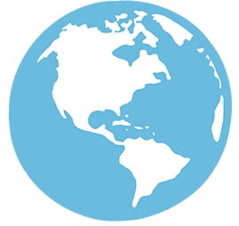 Light blue circular globe image with stylized white areas depicting North and South America and Greenland