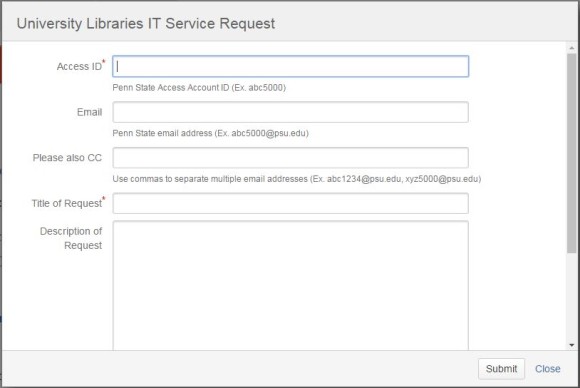 square screen capture of Libraries helpdesk online intranet form