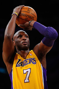 LOS ANGELES, CA - APRIL 20:  Lamar Odom #7 of the Los Angeles Lakers shoots a free throw while taking on the New Orleans Hornets in Game Two of the Western Conference Quarterfinals in the 2011 NBA Playoffs on April 20, 2011 at Staples Center in Los Angeles, California. NOTE TO USER: User expressly acknowledges and agrees that, by downloading and or using this photograph, User is consenting to the terms and conditions of the Getty Images License Agreement.  (Photo by Kevork Djansezian/Getty Images) *** Local Caption *** Lamar Odom