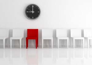 Conceptual for many use: red chair and watch in the middle of some white chairs - rendering