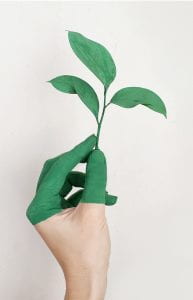 Hand with green painted fingers holding tiny plant