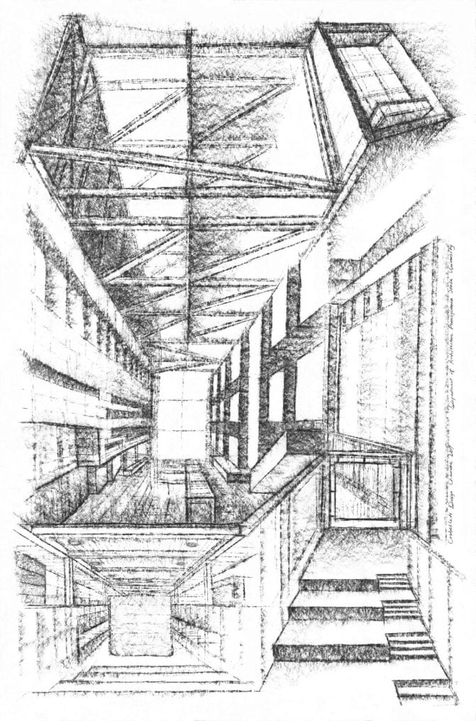Black and white architectural perspective drawing.