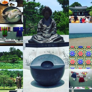 Collage of Korean food, statues, art, and traditional clothing