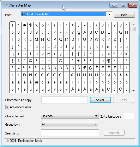 Windows 7 Character Map - Tools are same as in 7