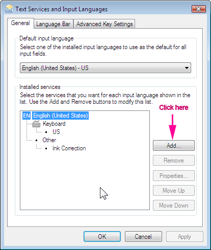 Text Services and Input Languages Window. Click Add next