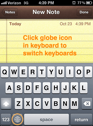Virtual keyboard with globe icon