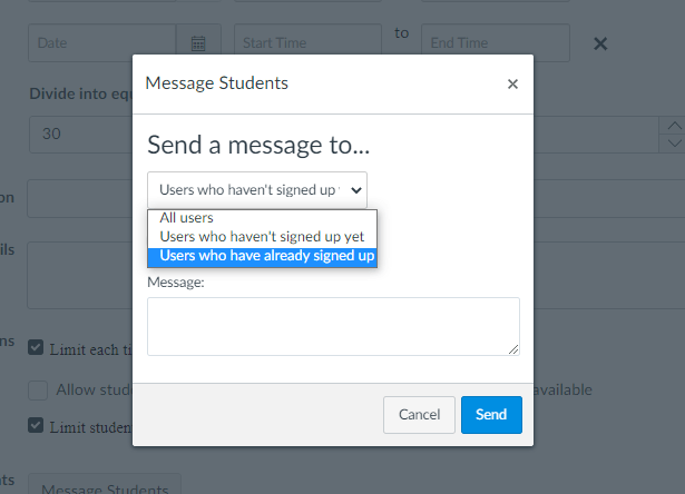 popup menu of the Canvas interface giving options to message students in the Appointment Scheduler. The option to "Send a message to Users who have already signed up" is highlighted in blue. 