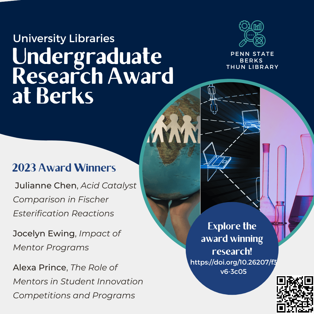 University Libraries Undergraduate Research Award at Berks. 2023 Award Winners.  Julianne Chen, Acid Catalyst Comparison in Fischer Esterification Reactions

Jocelyn Ewing, Impact of Mentor Programs

Alexa Prince, The Role of Mentors in Student Innovation Competitions and Programs