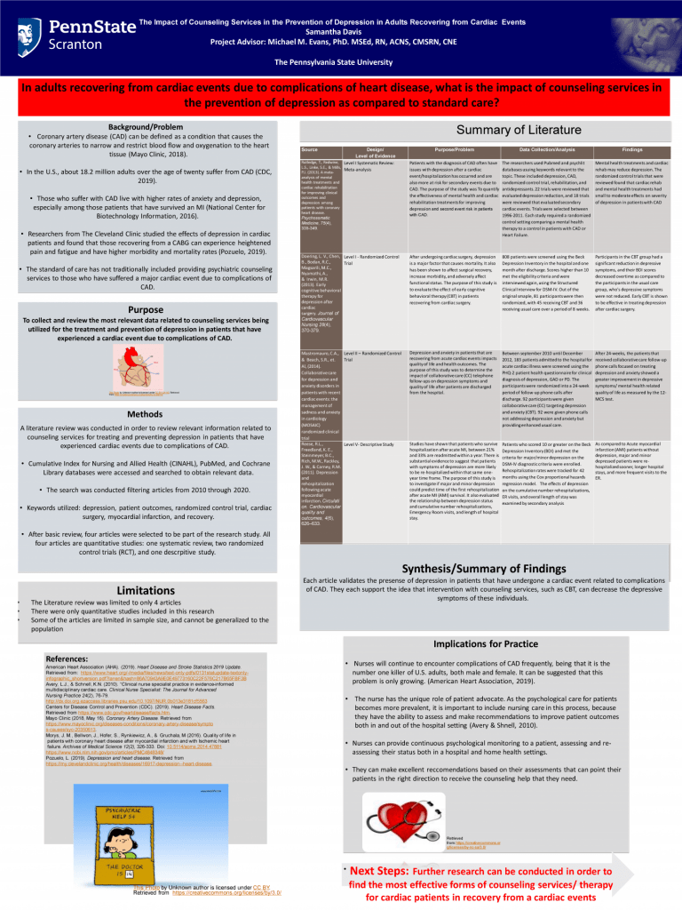 The Impact of Counseling Services in the Prevention of Depression in Adults Recovering from Cardiac Events Poster