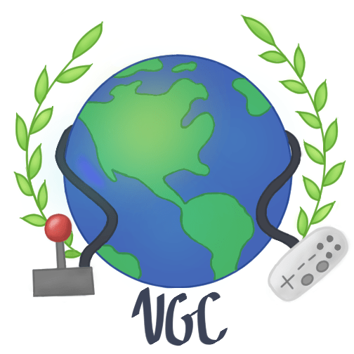 Video Games Club at World Campus logo. The Earth, circled by laurels, and wrapped in two video game controllers, with "VGC" written in script underneath.