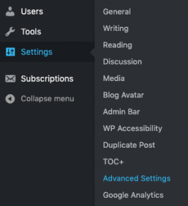 Settings Menu with Advanced Settings Highlighted